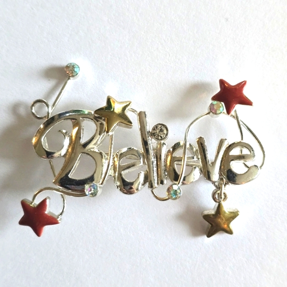 Believe brooch silver tone holiday Christmas Santa Claus stars